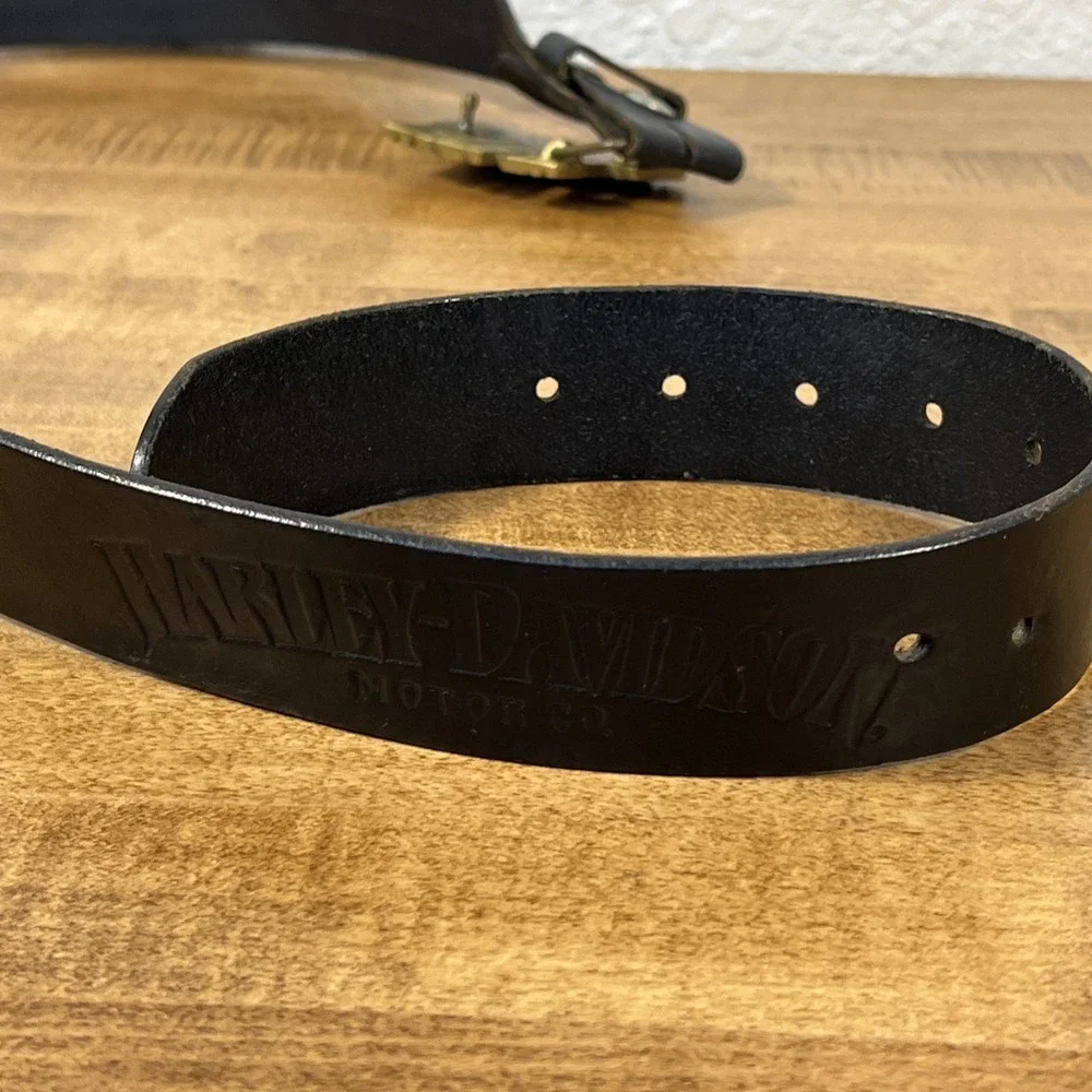 Vintage‎ Harley Davidson Black Belt & Brass Belt Buckle Size 42 Genuine Leather